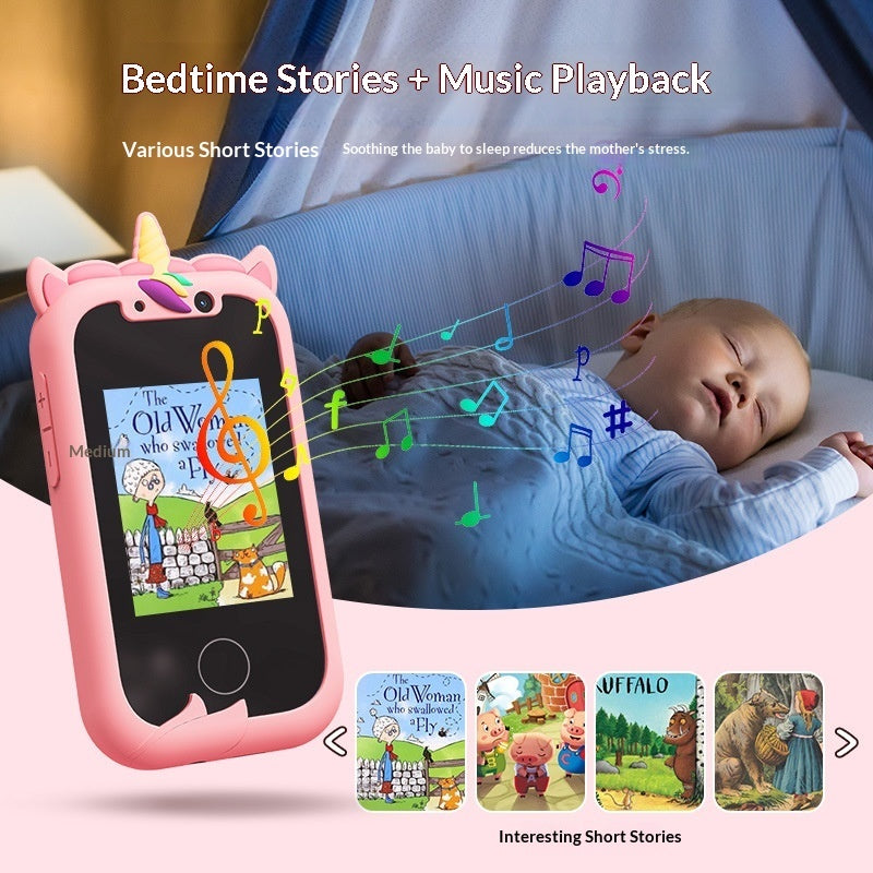 Baby in crib with pink Phone Toy displaying bedtime stories and music playback.