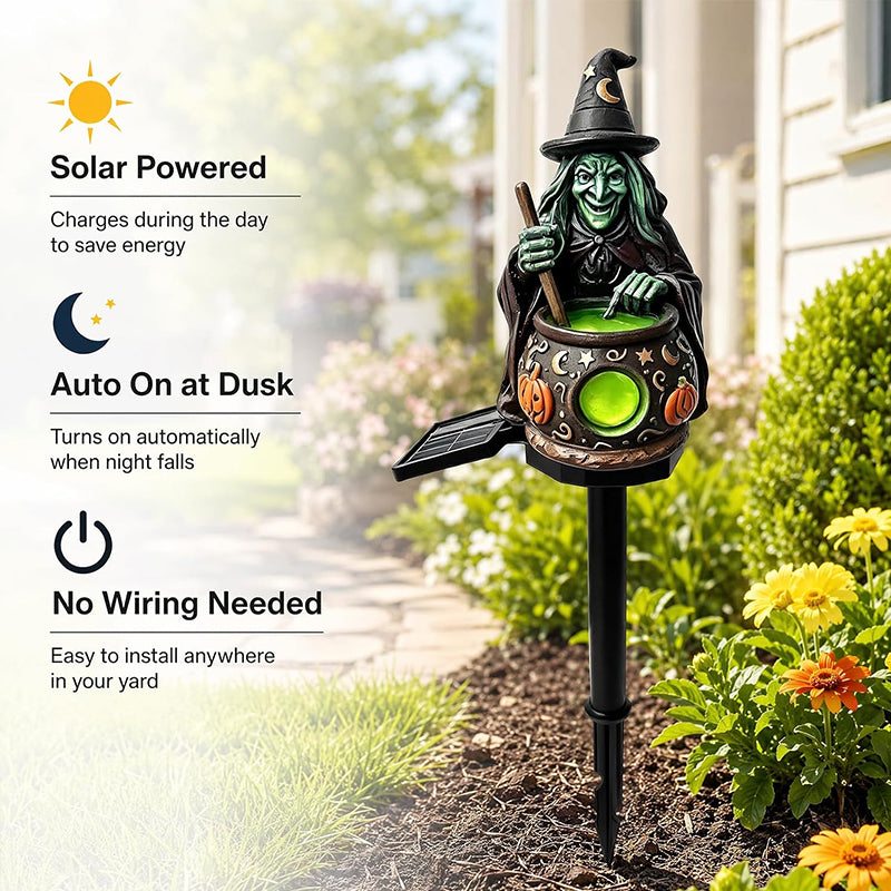 Solar Halloween Garden Lights – Witch Shoe, Pumpkin & Resin Stake Lanterns, Dusk-to-Dawn Auto On/Off for Yard & Outdoor Path