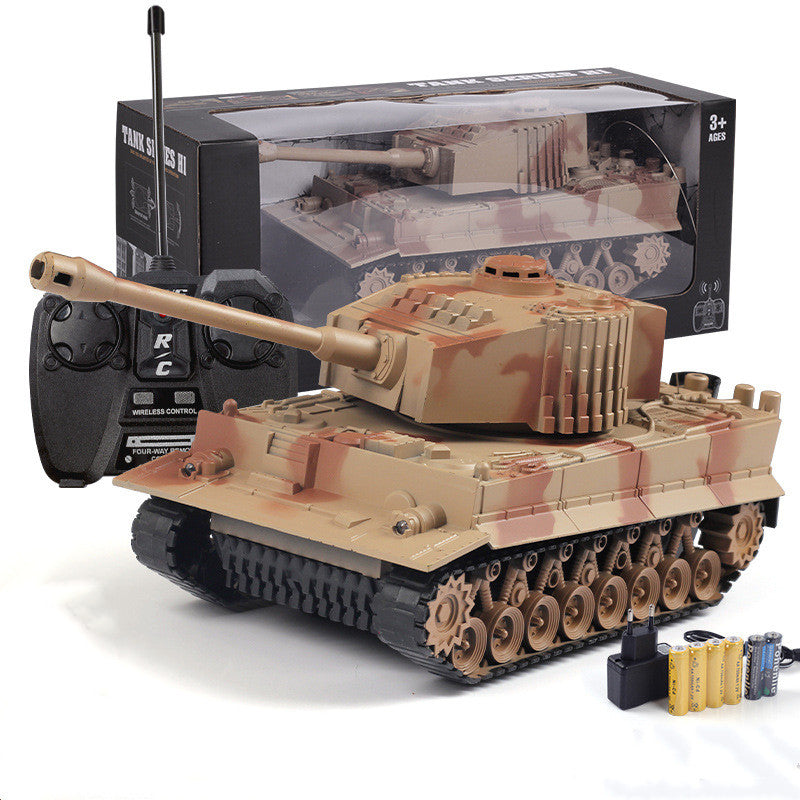 Toy tank with remote control and packaging on a white background