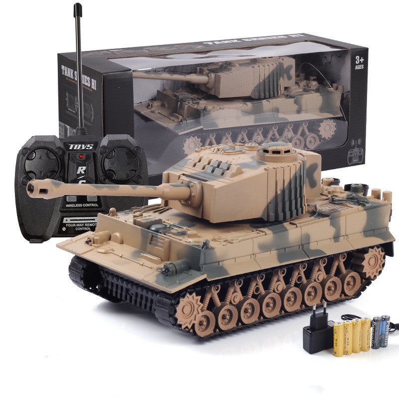 Toy tank with remote control and accessories on a white background