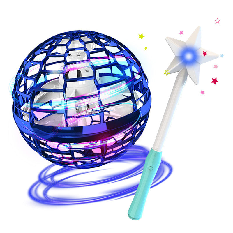 Blue glowing flying spinner ball with star-shaped wand on a white background