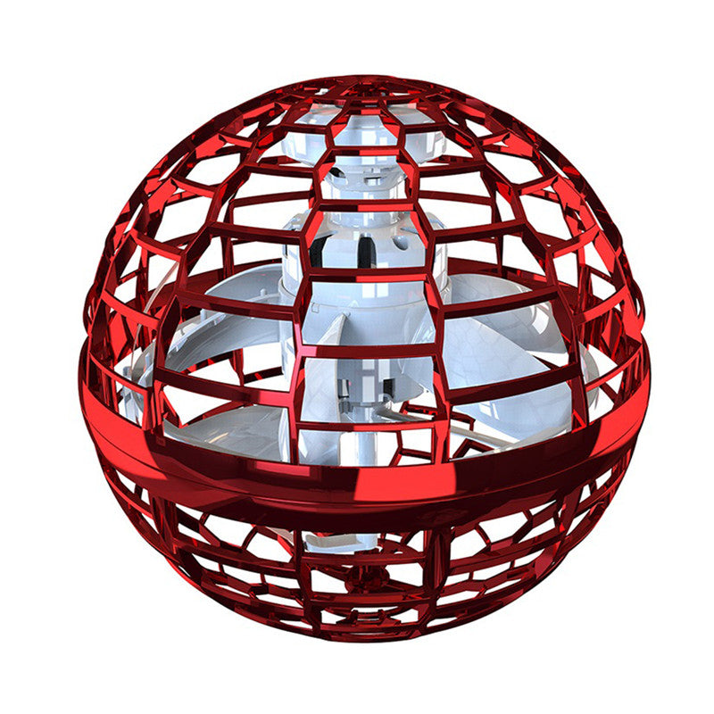 Red spherical flying spinner ball with a lattice design on a white background