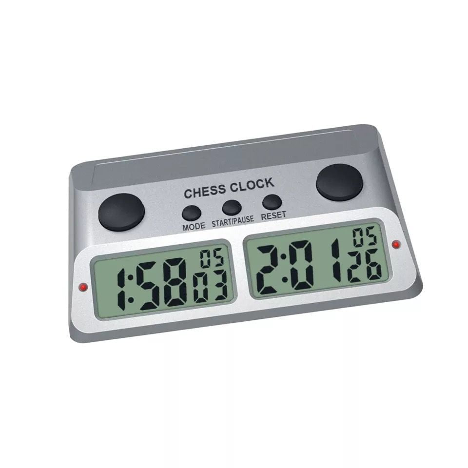 Silver chess clock with time on both of it's screens
