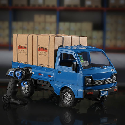 A blue RC drift truck carrying brown cardboard boxes, shown with measurement labels (12.5cm, 21cm, 15cm) and feature inset photos along the bottom.