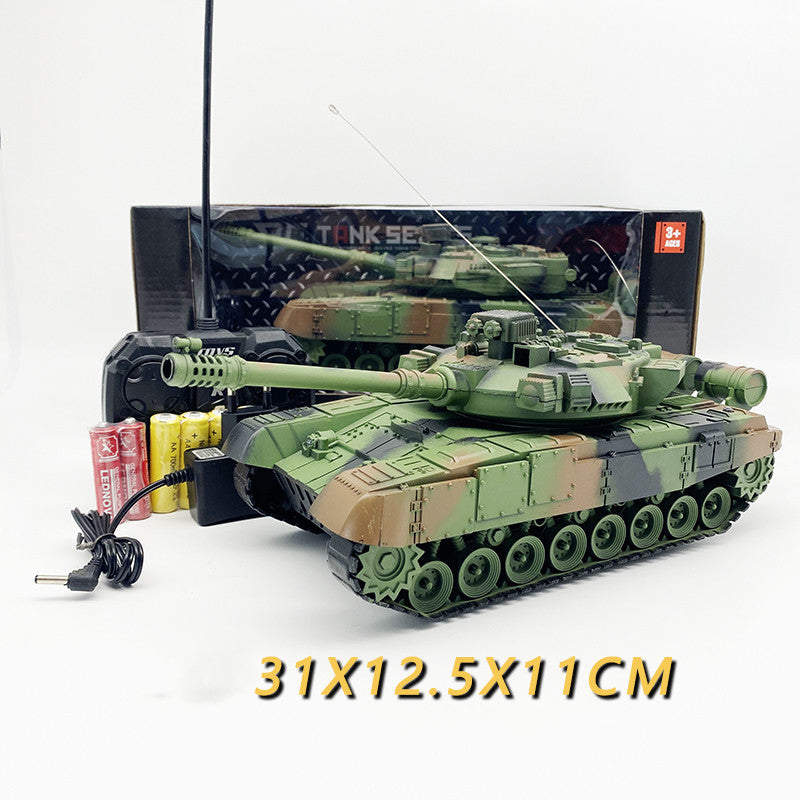 Toy tank with remote control and accessories on a white background