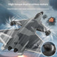 A RC Fighter Plane with a gray and black camouflage pattern, shown flying with stylized propeller effects and marketing text about high-torque dual brushless motors. A circular inset shows a close-up of the nose cone.