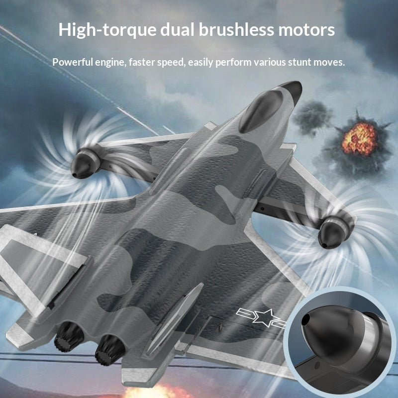 A RC Fighter Plane with a gray and black camouflage pattern, shown flying with stylized propeller effects and marketing text about high-torque dual brushless motors. A circular inset shows a close-up of the nose cone.