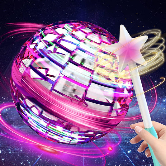 Colorful glowing flying spinner ball with star-shaped wand against a space-themed background