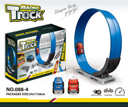 Toy roller coaster car driving upside down through track loop
