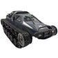 RC battle tank moving at high speed while firing turret on smooth surface.