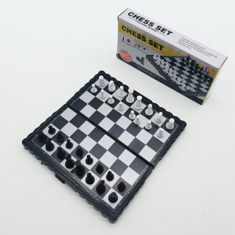 Foldable mini chess set closed shut showing the compact plastic travel case
