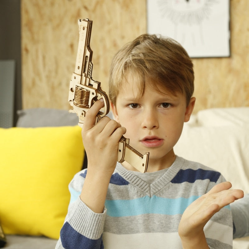 Robotime Gun Building Blocks DIY Revolver,Scatte with Rubber Band Bullet  Wooden Popular Toy Gift for Children Adult