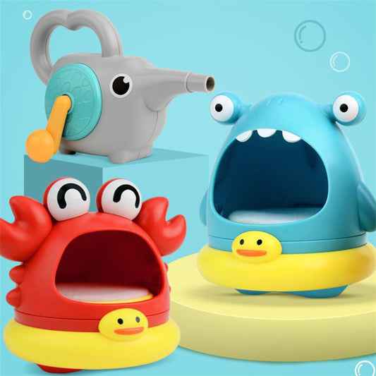 Toddler bath toy creating bubbles during bath time
