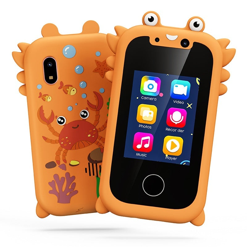Orange Phone Toy with crab design and cartoonish eyes on a white background