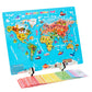 Colorful magnetic world map puzzle on a stand with cartoon illustrations of countries and oceans.