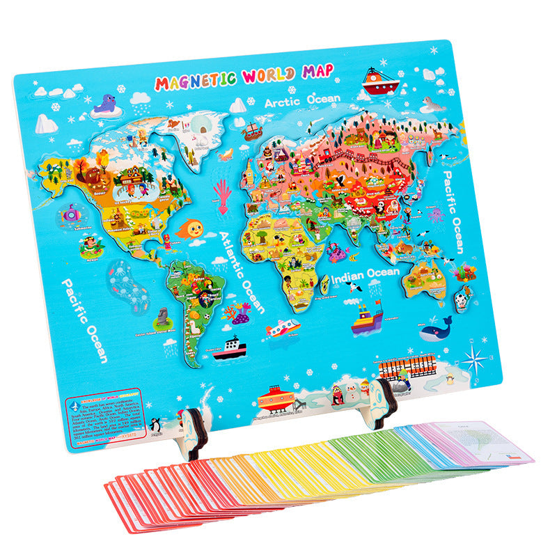 Colorful magnetic world map puzzle on a stand with cartoon illustrations of countries and oceans.