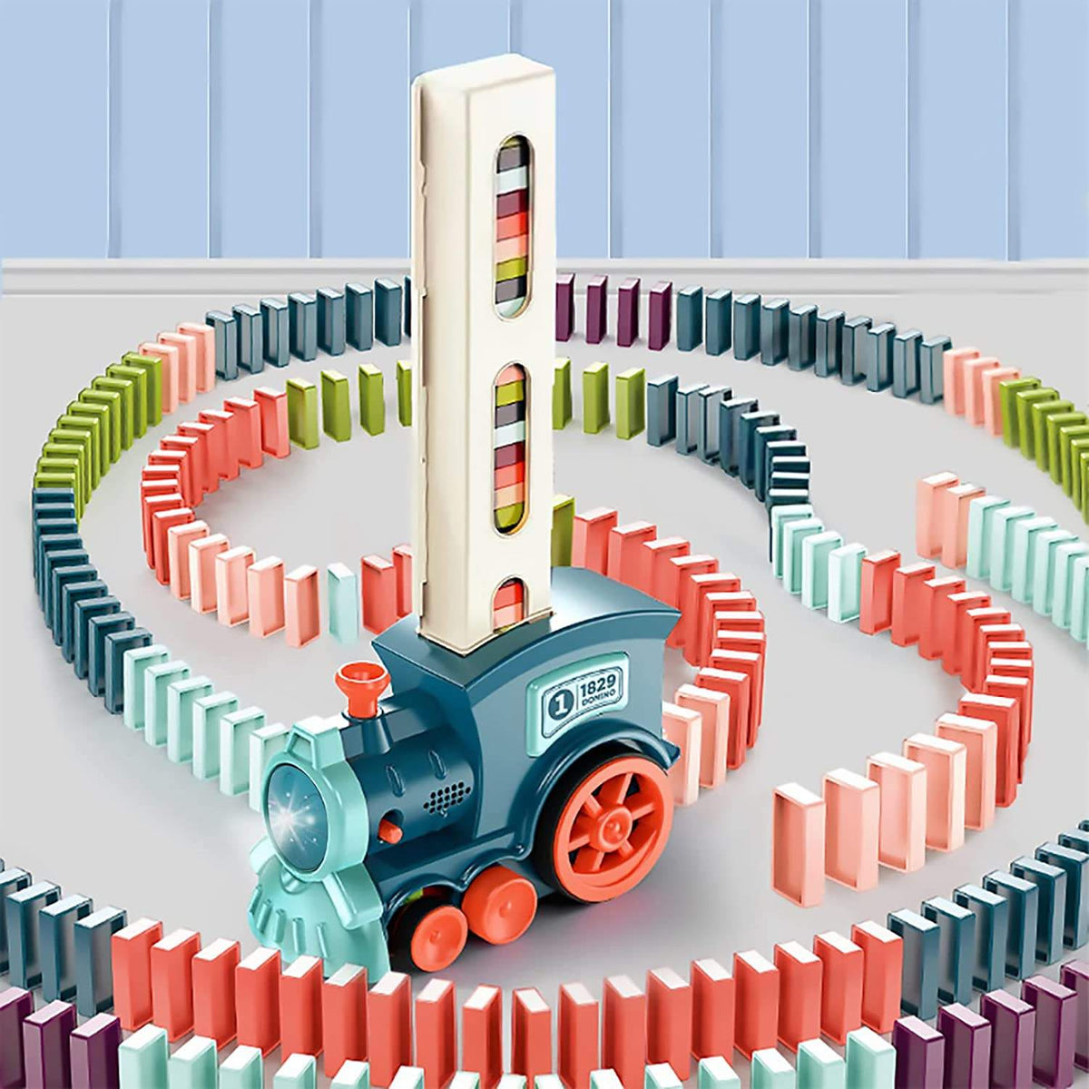 Domino train placing a straight line of colored dominoes on a smooth floor