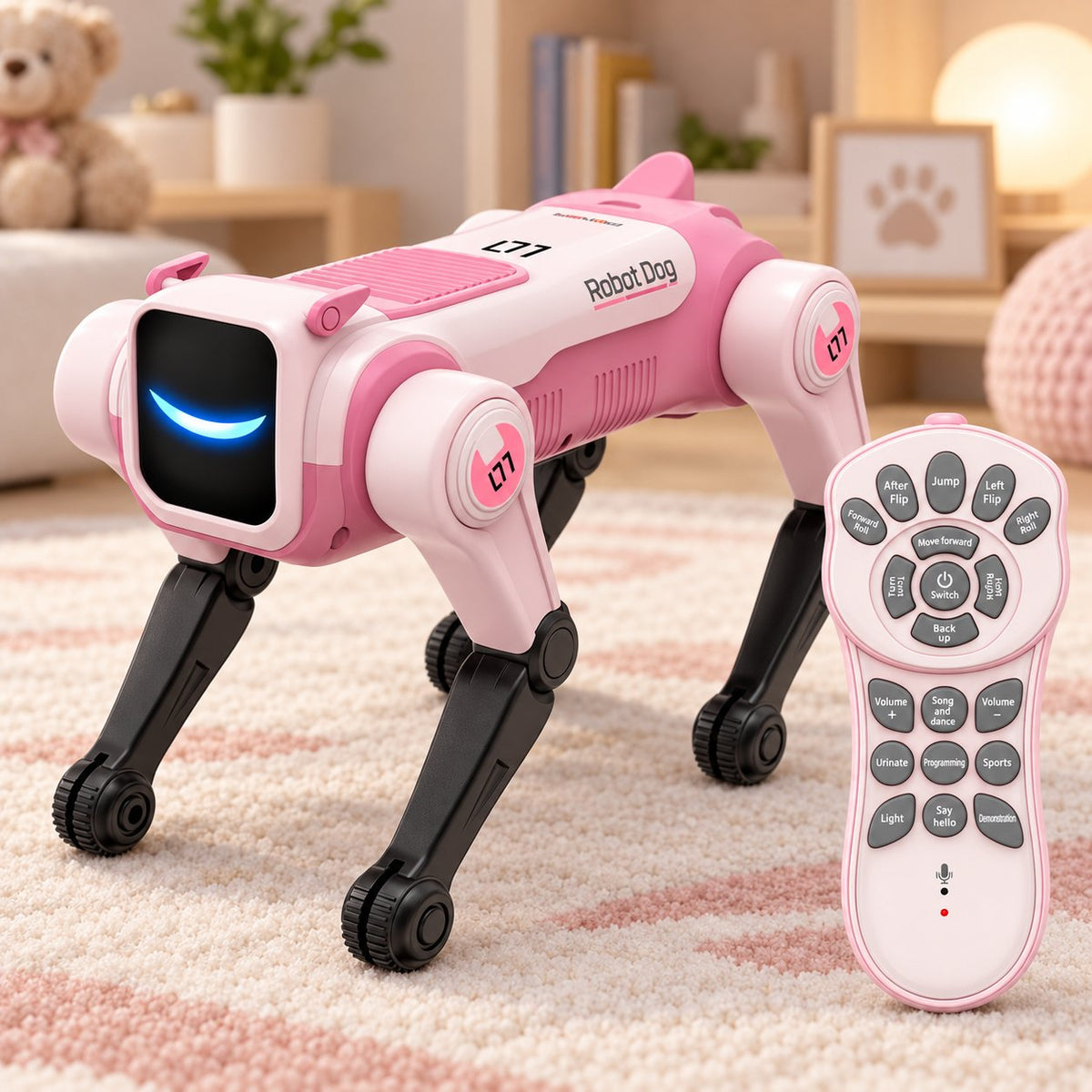 Robot dog toy Pink in another cozy living room