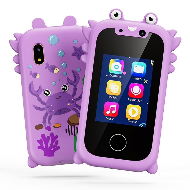 A purple cartoon crab Phone Toy shown from the back and front on a white background. The case features cute cartoon eyes on the corners, small spikes along the edges, and an underwater-themed design with a smiling crab, bubbles, fish, and starfish.