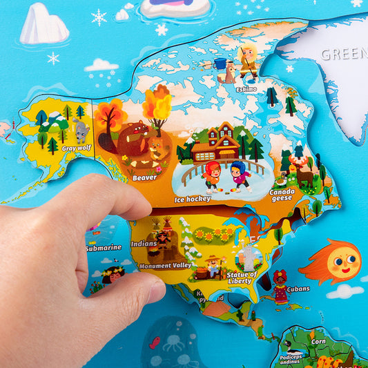 Colorful world map puzzle with interactive elements and a hand pointing to a specific location.