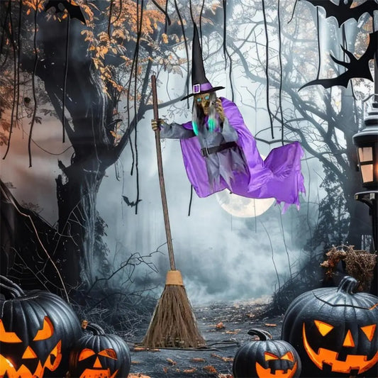 Halloween witch decoration with broom for outdoor display