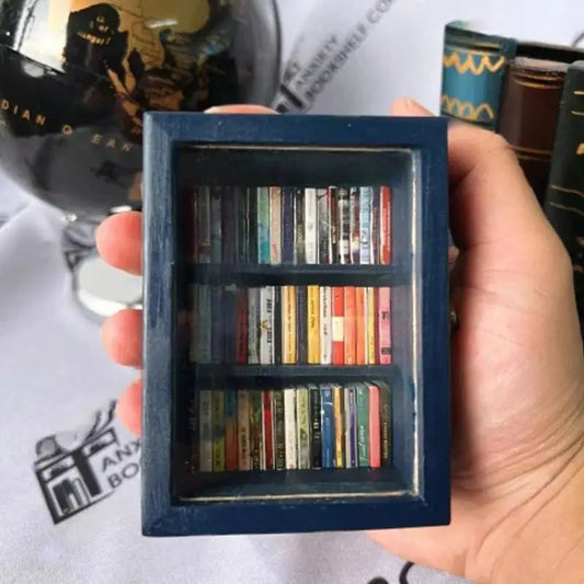 Handmade Mini Wooden Bookshelf with 60 Mini Books – Stress Reliever & Decor