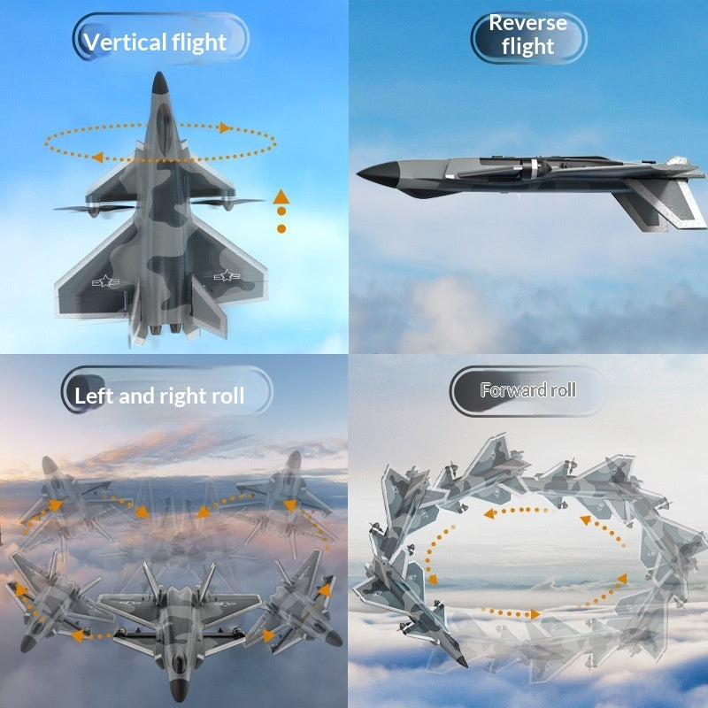 A four-panel instructional graphic showing a gray RC Fighter Plane from different angles with flight demonstrations: vertical flight, reverse flight, left and right roll, and forward roll. Each panel includes labeled text and dotted motion arrows over a blue sky and clouds background.