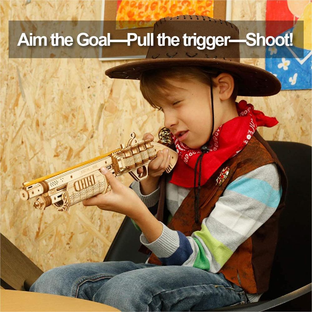 Robotime Gun Building Blocks DIY Revolver,Scatte with Rubber Band Bullet  Wooden Popular Toy Gift for Children Adult