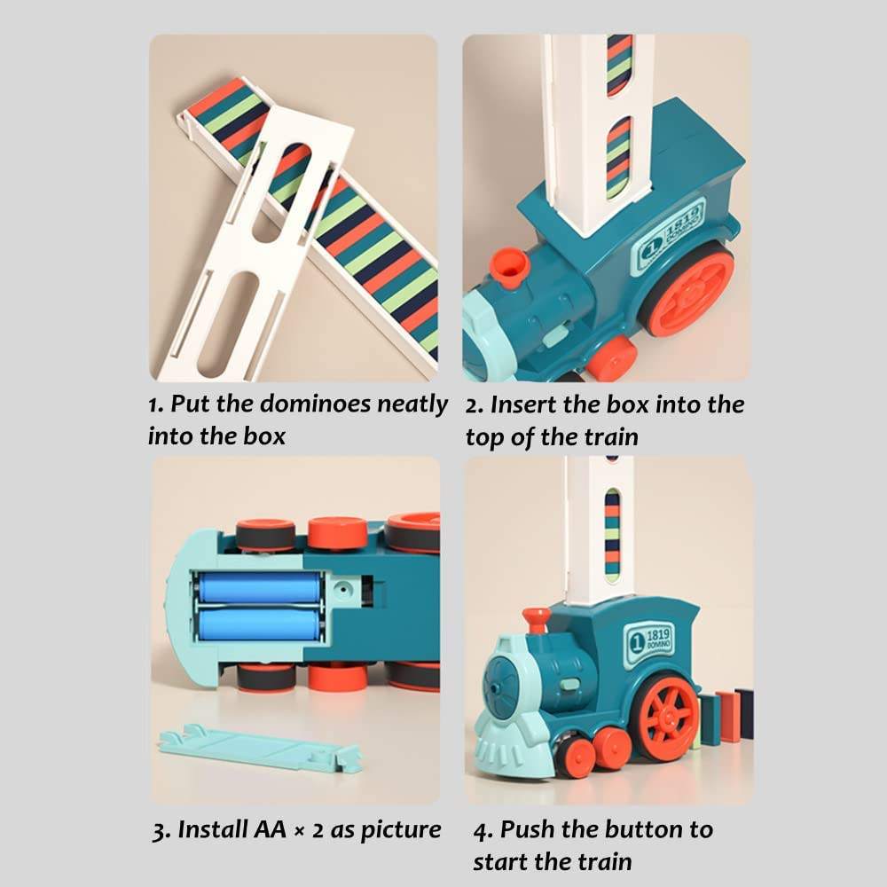 Domino train automatic stacking toy moving across a wooden floor with a line of colorful dominoes behind it
