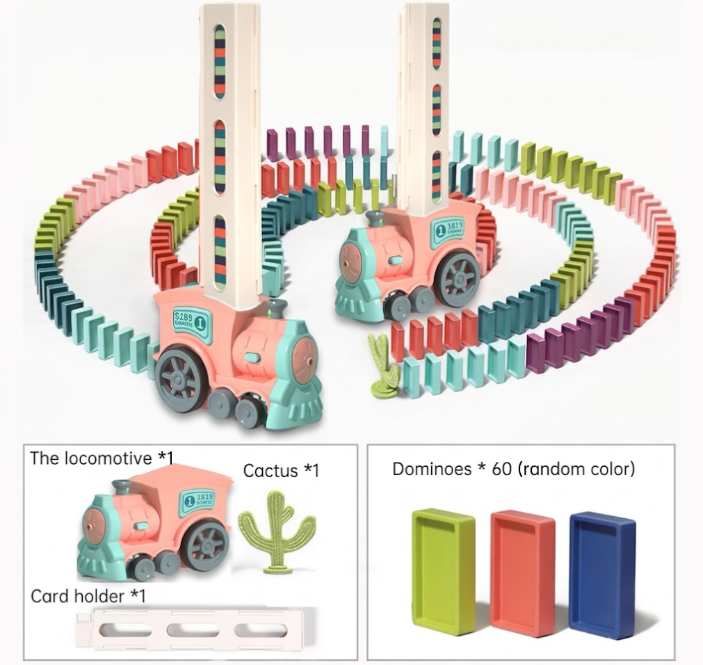 Full product layout displaying the train, a pile of assorted colored dominoes, and the instruction booklet (if visible)
