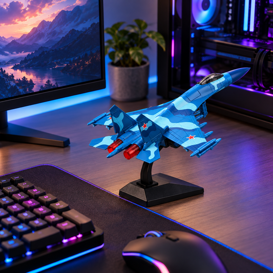 Blue fighter jet model on black display stand front angled view