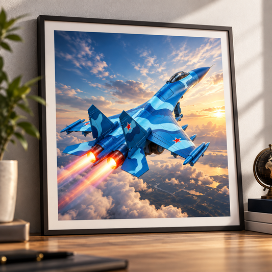 Fighter jet model displayed beside a gaming PC setup on a wooden desk