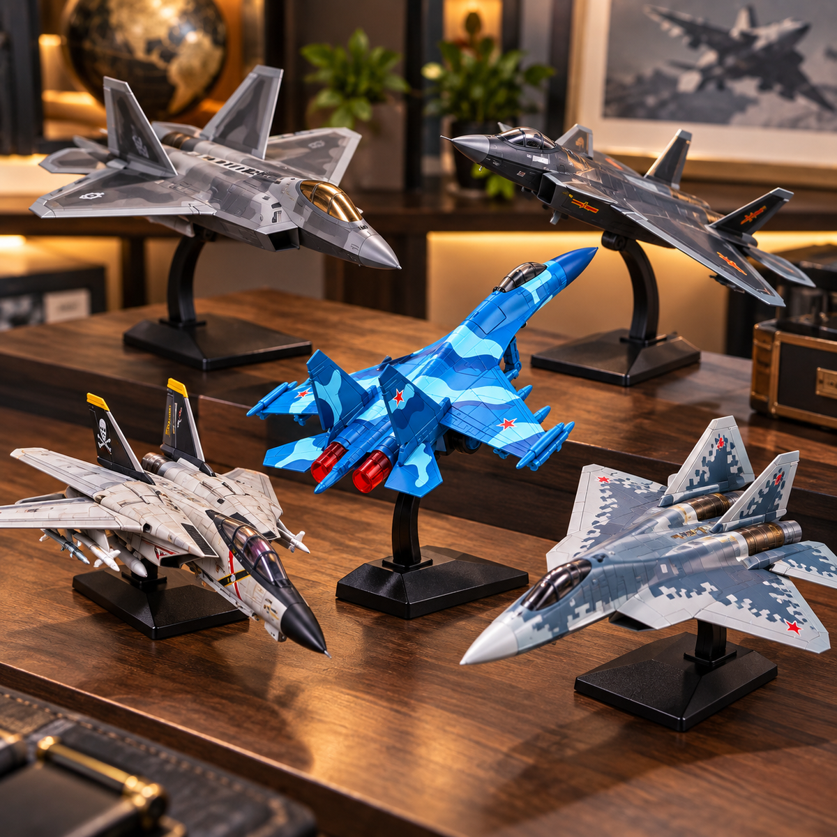 Blue fighter plane model beside a PS5 console and controller