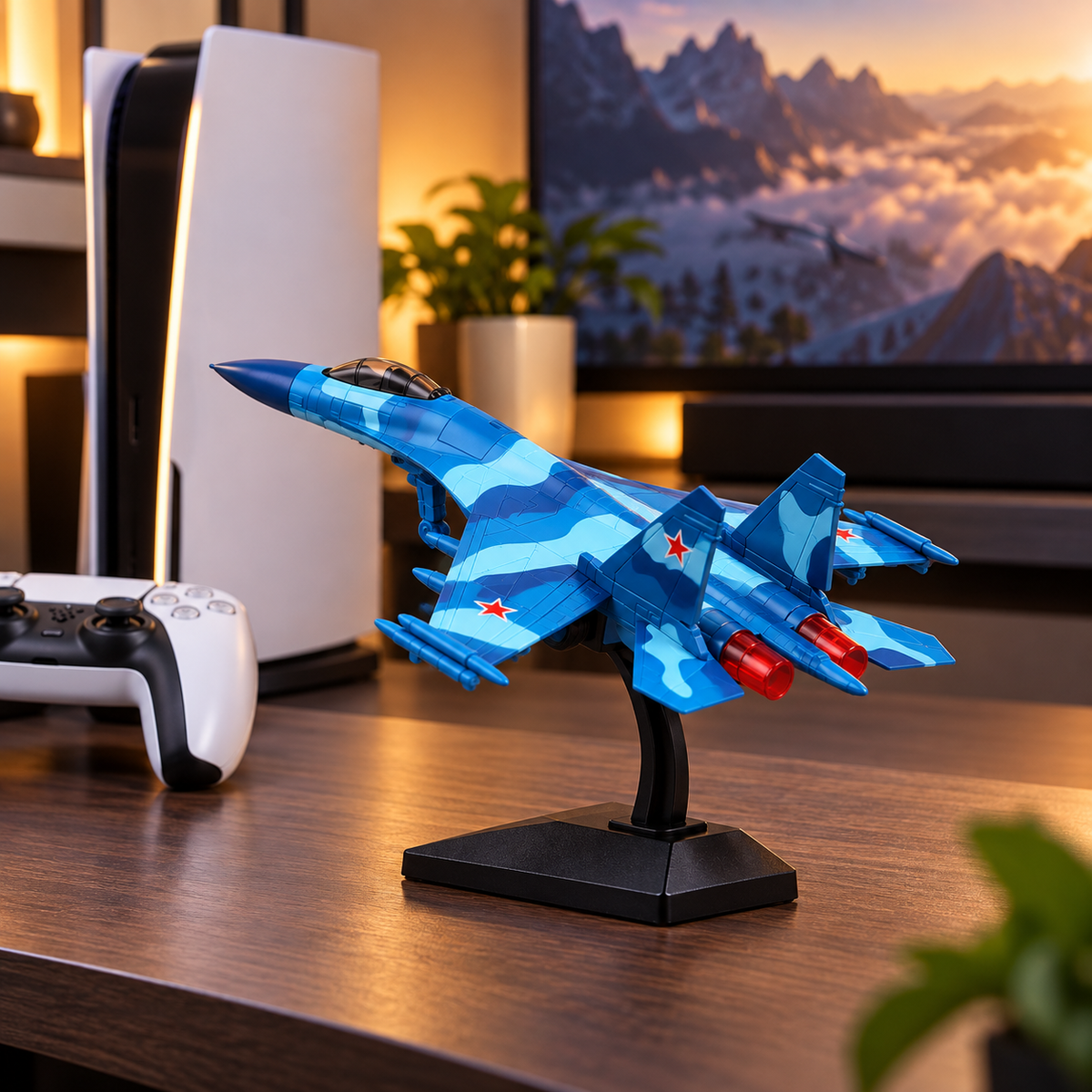 Close-up of blue fighter jet model with red engine detail on stand