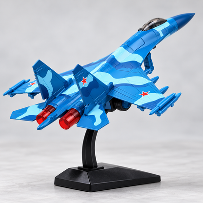 Model fighter jet on a desk shelf with books and indoor plant
