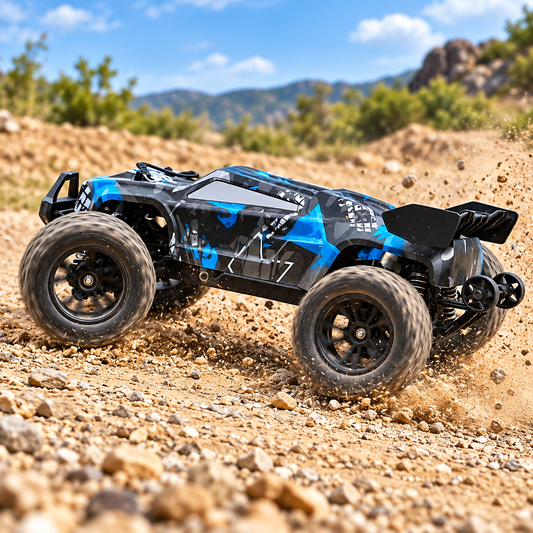 A blue and black remote control off-road truck with large knobby tires, shown driving on a rocky dirt trail with a blurred natural background of hills, trees, and blue sky.