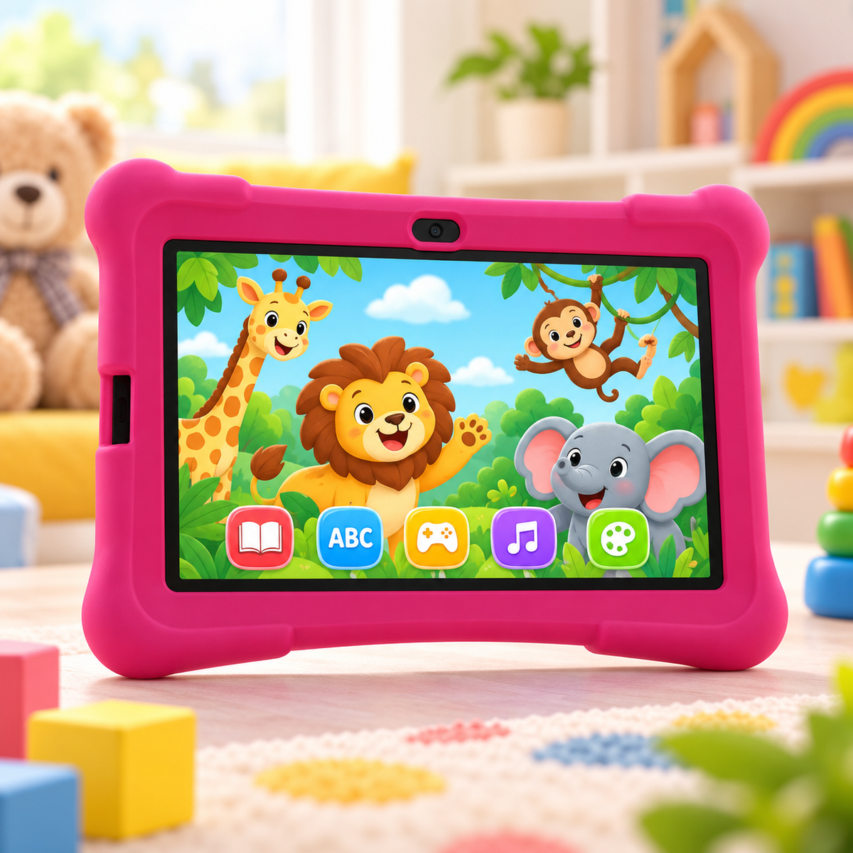 A children's Learning tablet with a bright pink protective bumper case stands on a colorful toy floor. The screen displays cartoon animals including a giraffe, lion, monkey, elephant, and cloud icons.