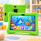 A bright lime green Learning tablet in a protective shockproof case, shown in a colorful children's room setting. The front view shows the tablet with its screen on, displaying cartoon apps, and the back view shows the tablet's kickstand and camera cutouts.