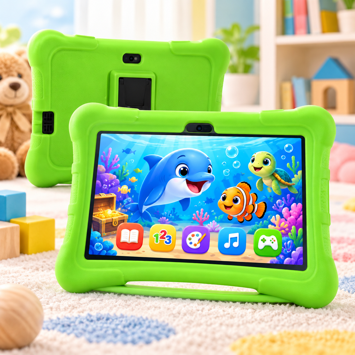 A bright lime green Learning tablet in a protective shockproof case, shown in a colorful children's room setting. The front view shows the tablet with its screen on, displaying cartoon apps, and the back view shows the tablet's kickstand and camera cutouts.