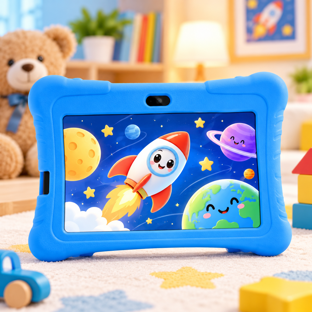 A blue protective Learning tablet case with a colorful cartoon rocket and planets on the screen, set in a child's playroom with toys and a teddy bear in the background.