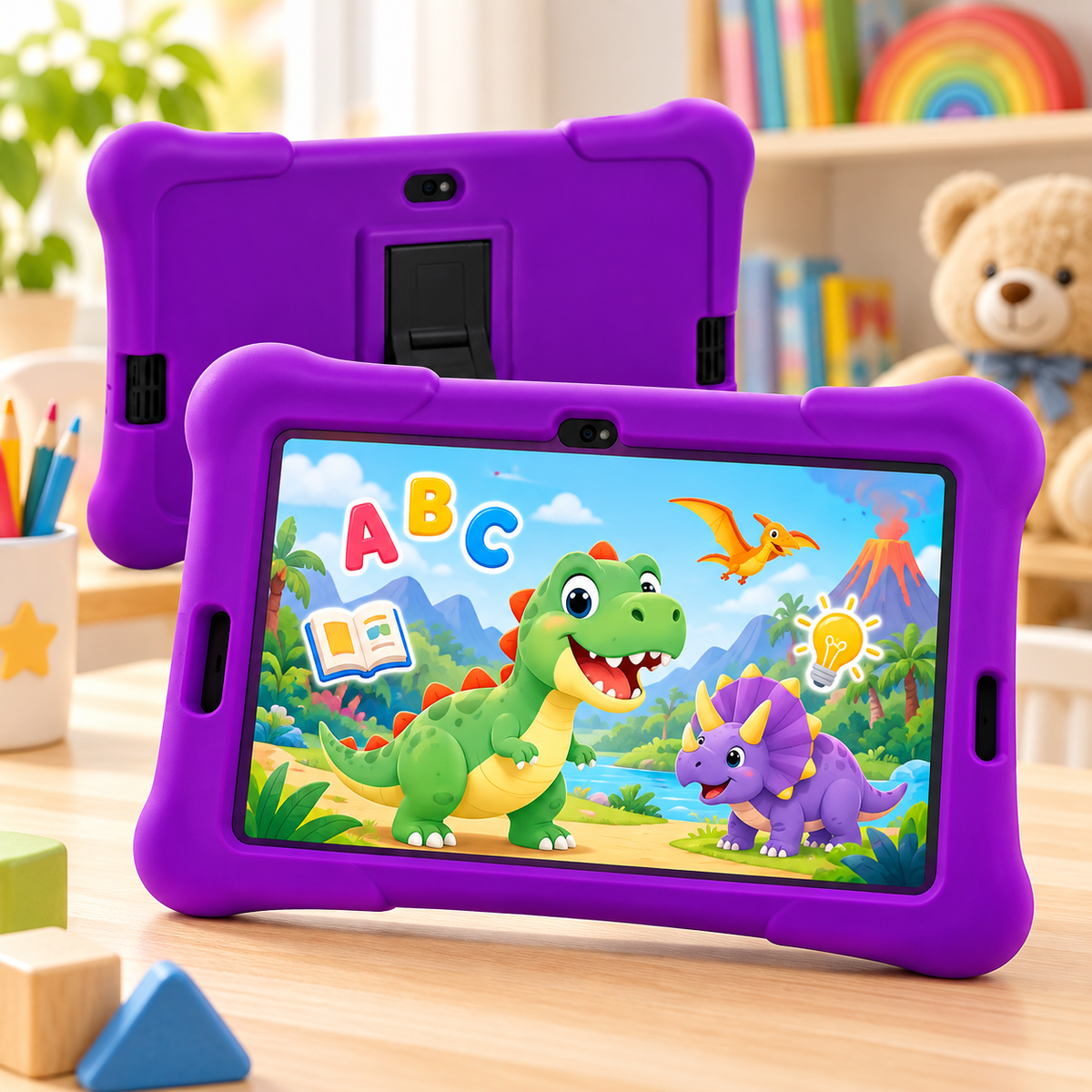 A purple Learning tablet case with a built-in kickstand is shown in a classroom-like setting, with a tablet inside displaying colorful dinosaur-themed educational content. A second view of the case is shown behind it.