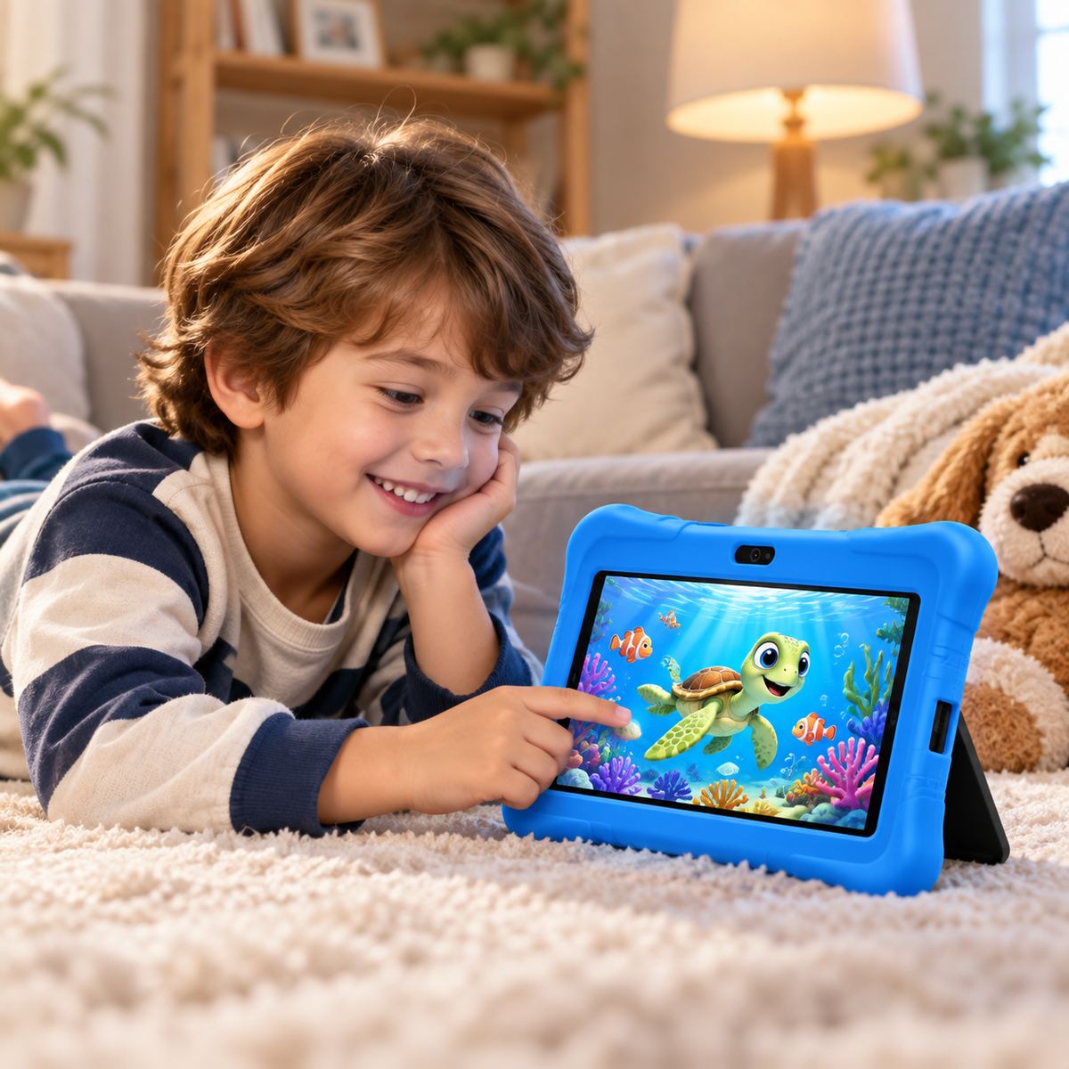 A young boy with brown hair lies on a cream carpet in a cozy living room, smiling at a colorful underwater cartoon screen on a blue protective Learning tablet.
