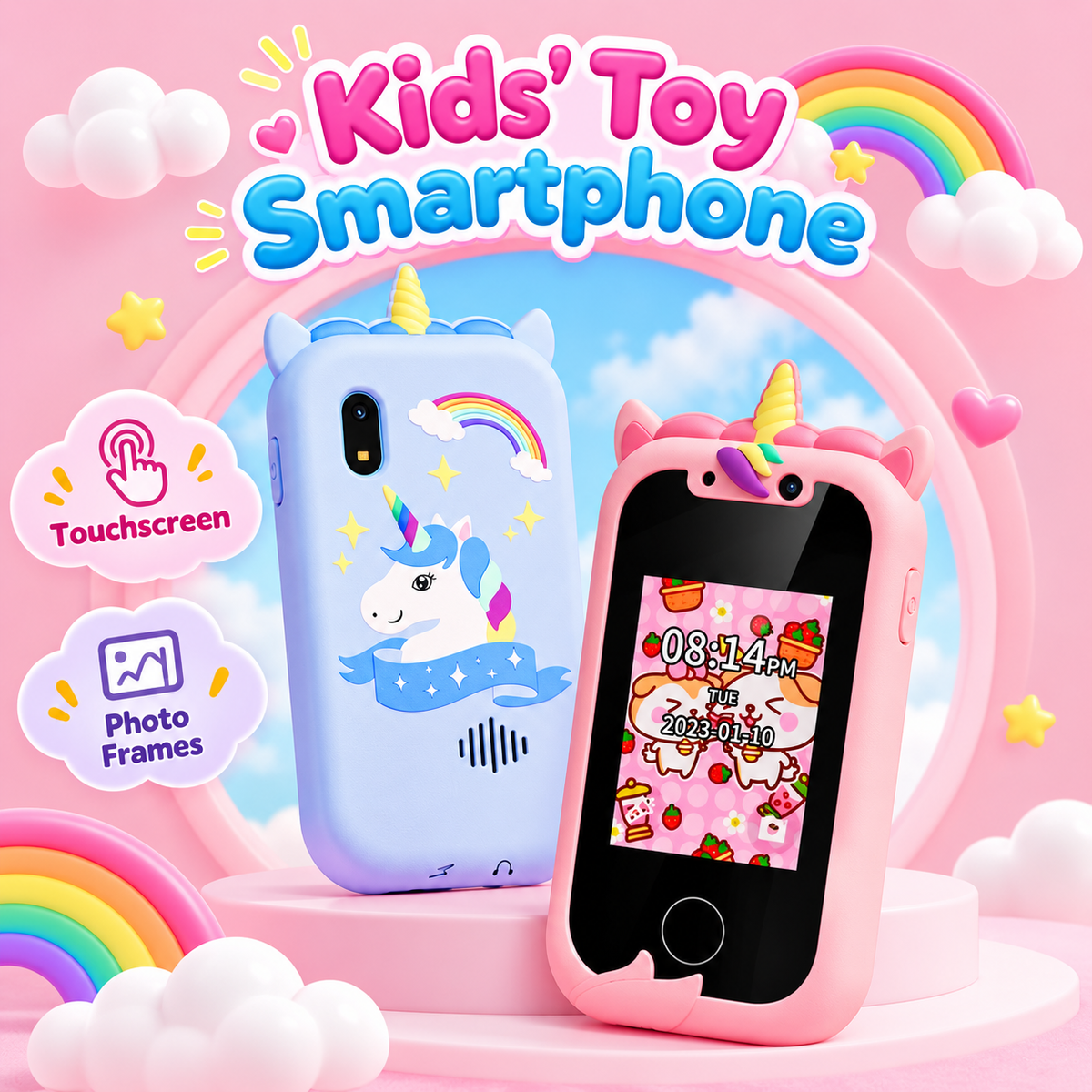 Two unicorn-themed kids' Phone Toy on a pink cloud-like display stand with rainbow and cloud graphics. One phone has a light blue back with a white unicorn and rainbow print, and the other has a pink bumper-style frame with a unicorn horn and colorful screen.