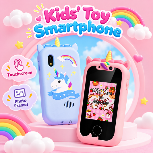 Two unicorn-themed kids' Phone Toy on a pink cloud-like display stand with rainbow and cloud graphics. One phone has a light blue back with a white unicorn and rainbow print, and the other has a pink bumper-style frame with a unicorn horn and colorful screen.