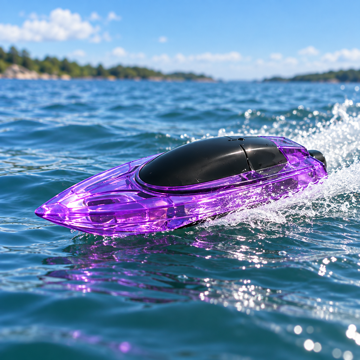 A purple transparent Remote Control Boat with a black top cover, shown floating on blue water with a distant shoreline under a blue sky.