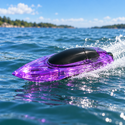 A purple transparent Remote Control Boat with a black top cover, shown floating on blue water with a distant shoreline under a blue sky.