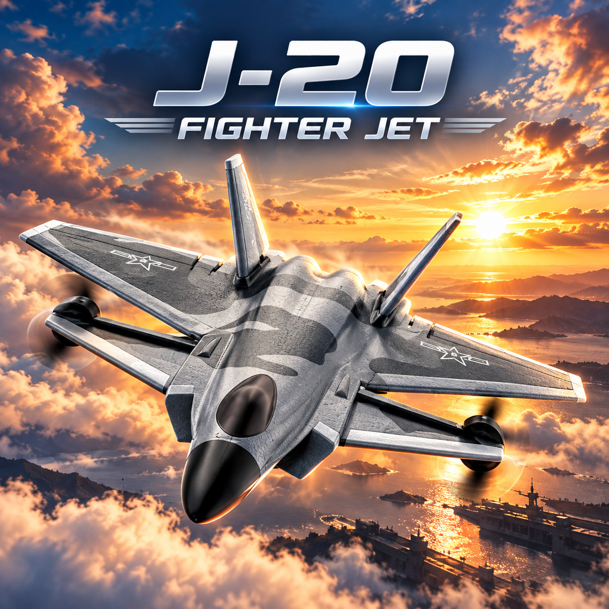 A digital render of a J-20 RC Fighter Plane flying over a sunset seascape with clouds and an aircraft carrier. The text 'J-20 FIGHTER JET' is displayed at the top.
