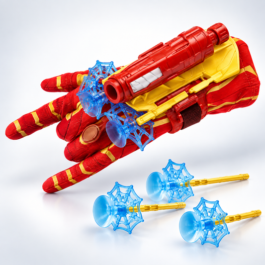 A Spider Man web shooter toy with red glove and 3 suction web darts with a mounted red blaster, shown with four blue translucent spiderweb-shaped accessories on yellow sticks against a clean white studio background.