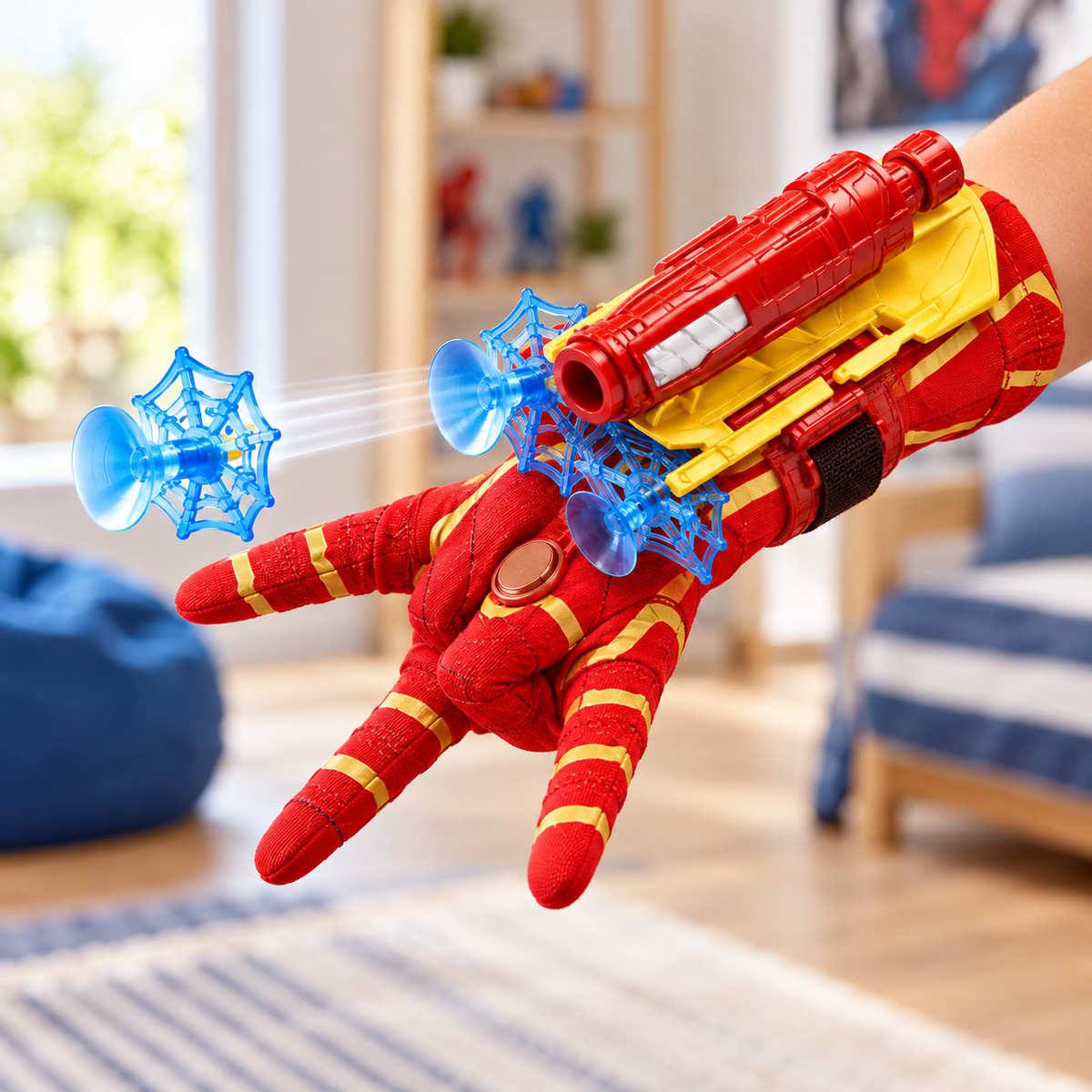 A Spider Man web shooter toy with red glove and 3 suction web darts glove with blue web shooters, shown being worn on a hand in a brightly lit bedroom setting.