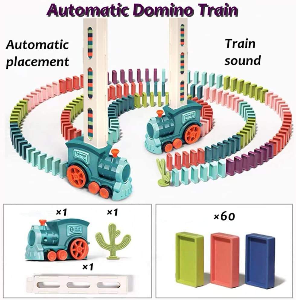 Toy domino train automatically dispensing dominoes at 1.5 cm intervals